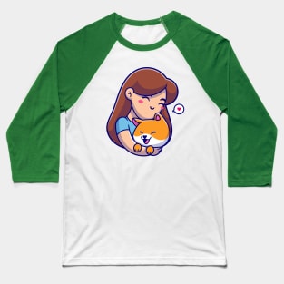 Cute Girl Hug Shiba Inu Dog Cartoon Baseball T-Shirt